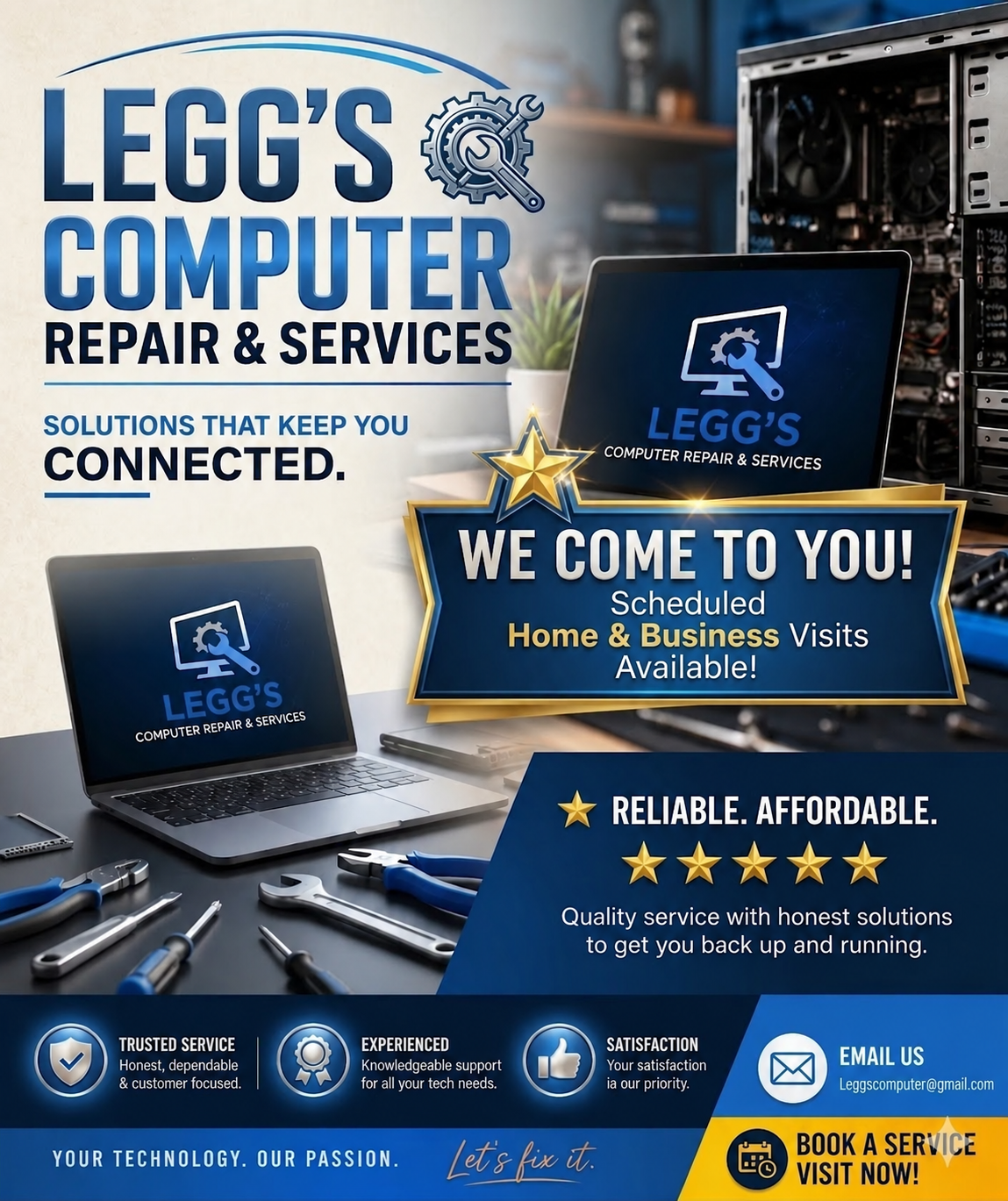 Legg’s Computer Repair & Services promotional artwork featuring laptops and computer repair tools